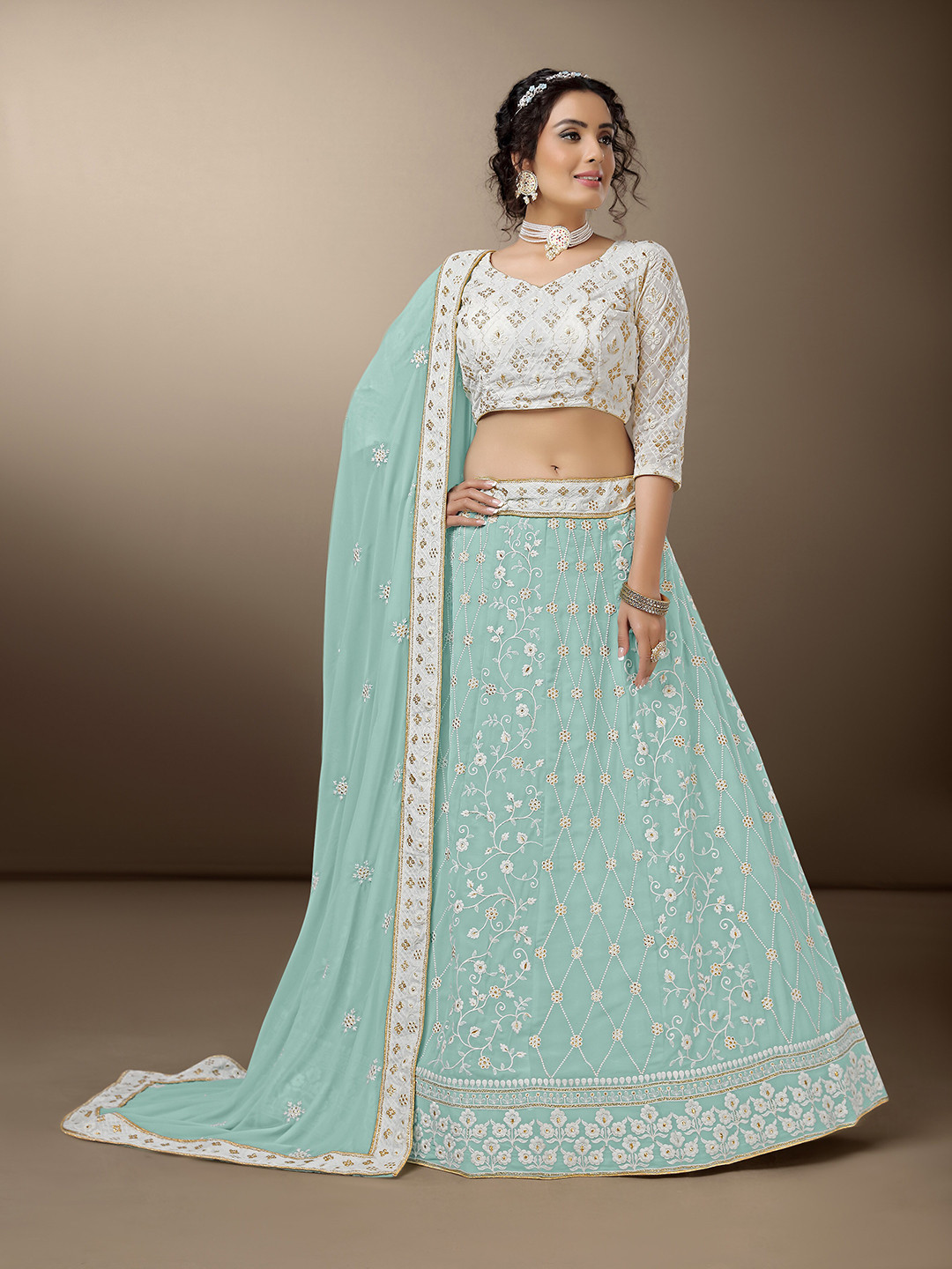 

Sarvayog Fashion Embroidered Semi-Stitched Lehenga & Unstitched Blouse With Dupatta, Turquoise blue