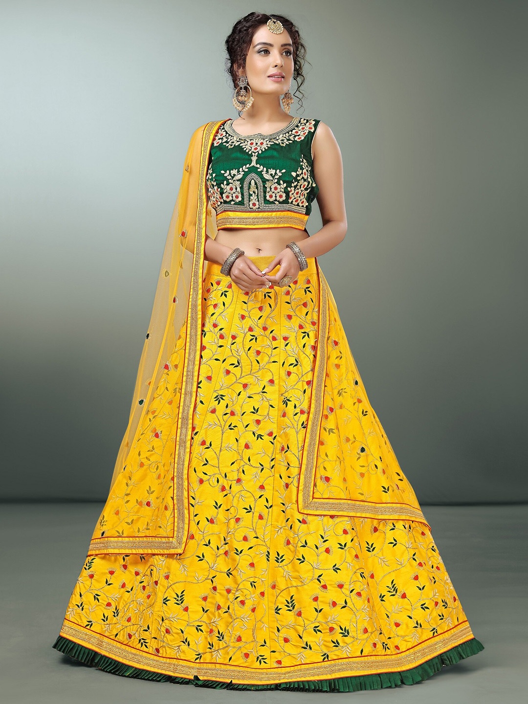 

Sarvayog Fashion Embroidered Semi-Stitched Lehenga & Unstitched Blouse With Dupatta, Yellow