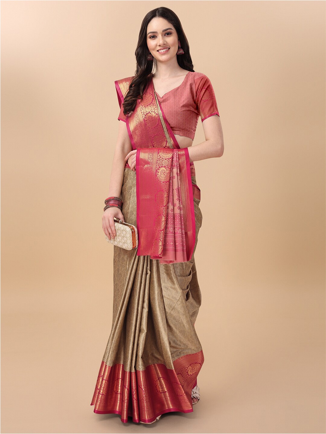 

KALINI Woven Design Pure Cotton Mysore Silk Saree, Beige