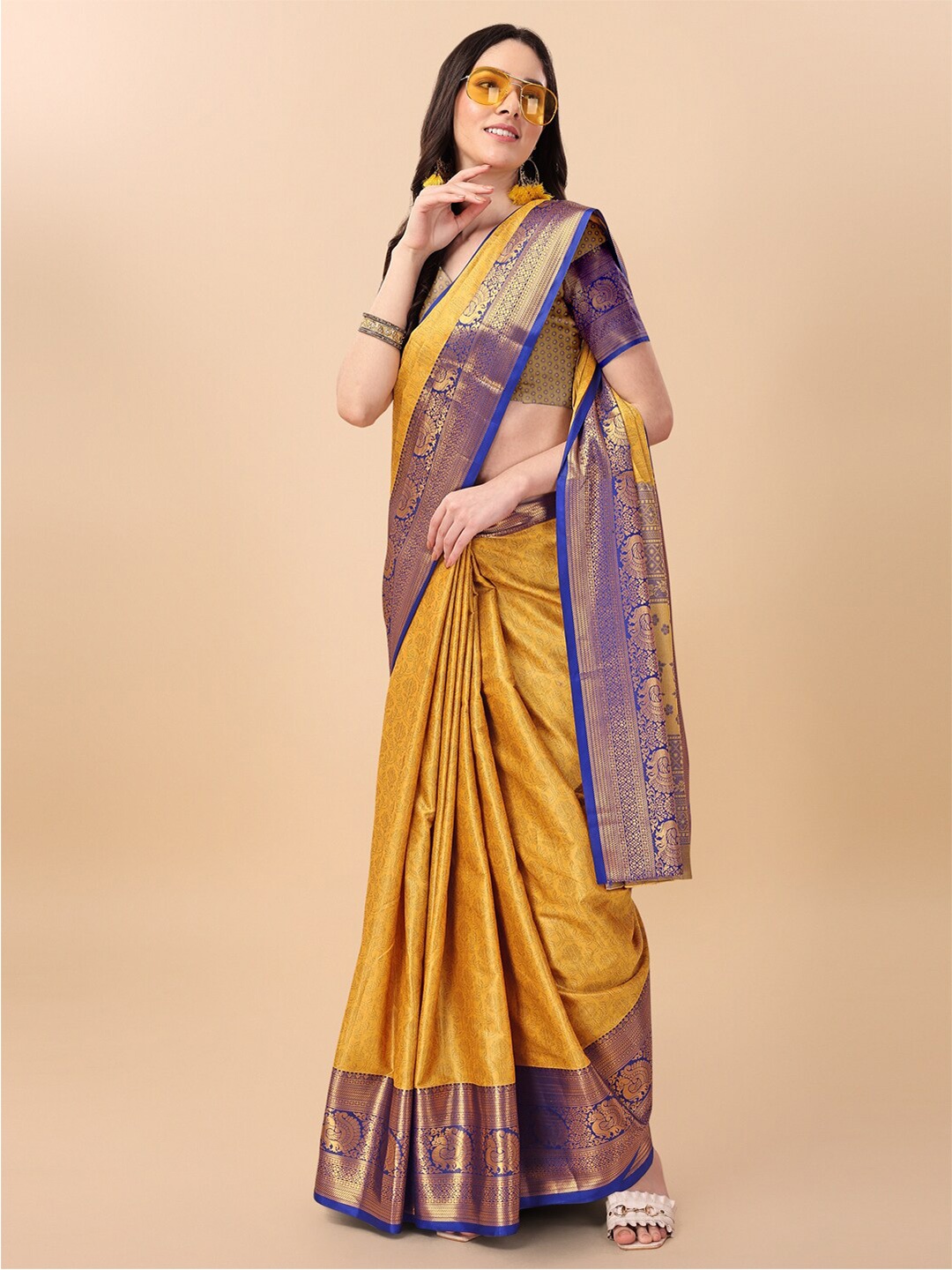 

KALINI Woven Design Zari Pure Cotton Mysore Silk Saree, Yellow