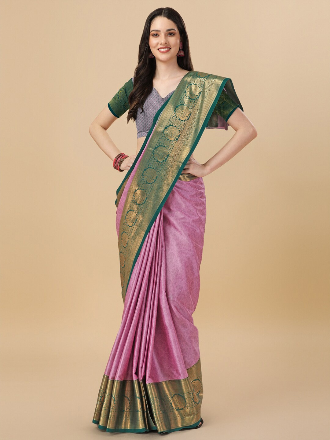 

KALINI Floral Zari Pure Cotton Mysore Silk Saree, Pink
