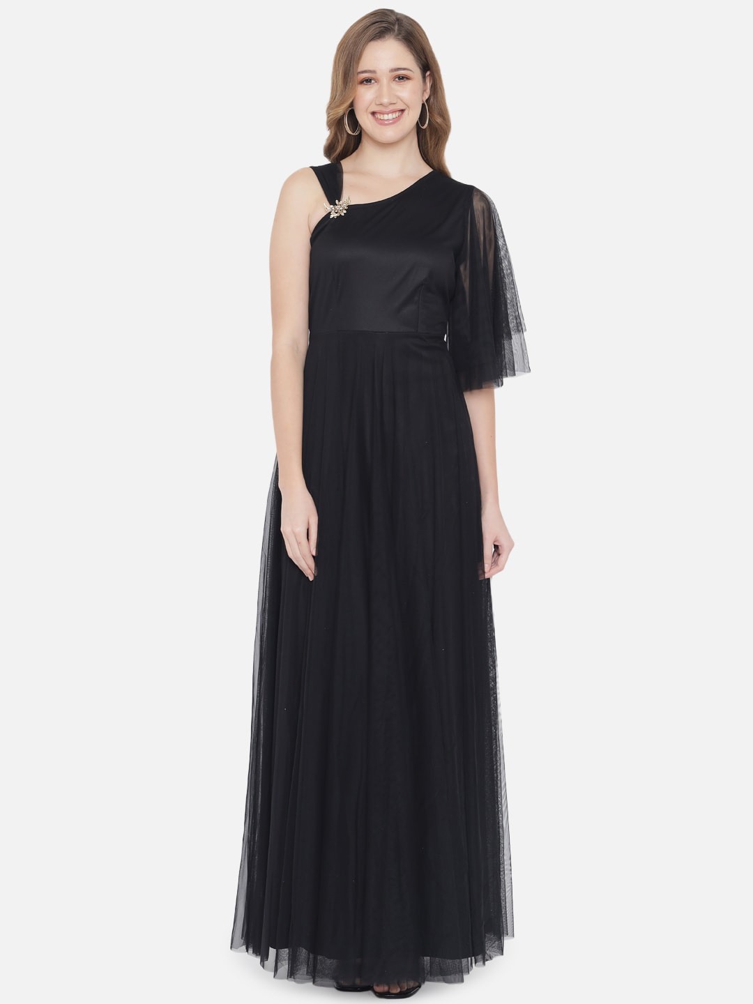 

Just Wow Embellished One Shoulder Net Maxi Dress, Black