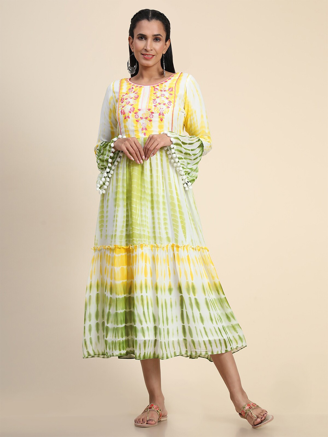 

MARGI DESIGNERS Tie and Dye Bell Sleeve Round Neck Midi Dress, Yellow