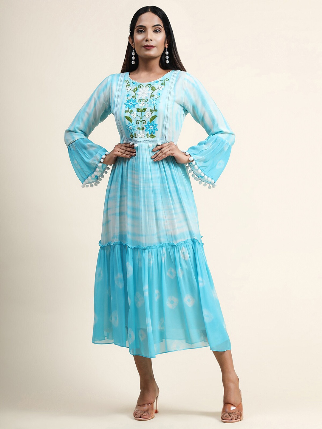 

MARGI DESIGNERS Tie and Dye Bell Sleeve Round Neck Midi Dress, Blue