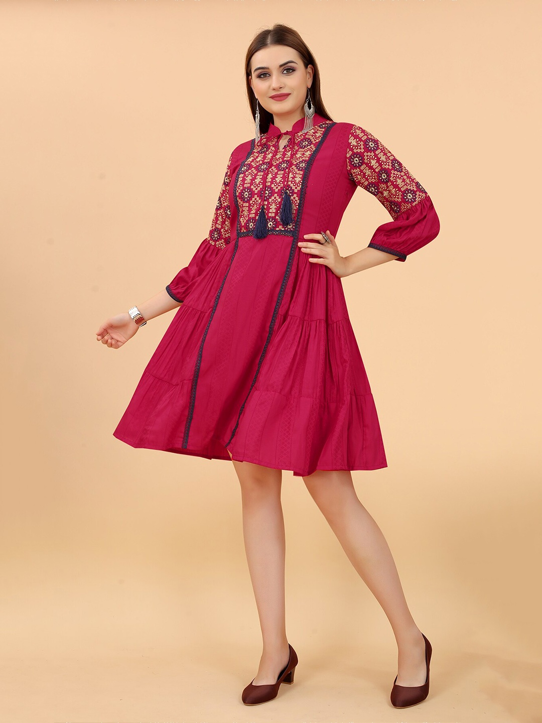 

MARGI DESIGNERS Ethnic Motifs Tie-Up Neck A-Line Dress, Pink