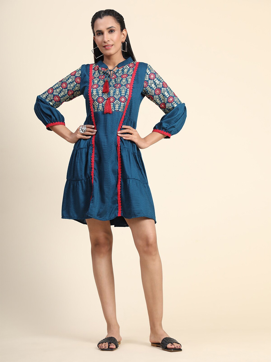 

MARGI DESIGNERS Ethnic Motifs Embroidered A-Line Dress, Turquoise blue