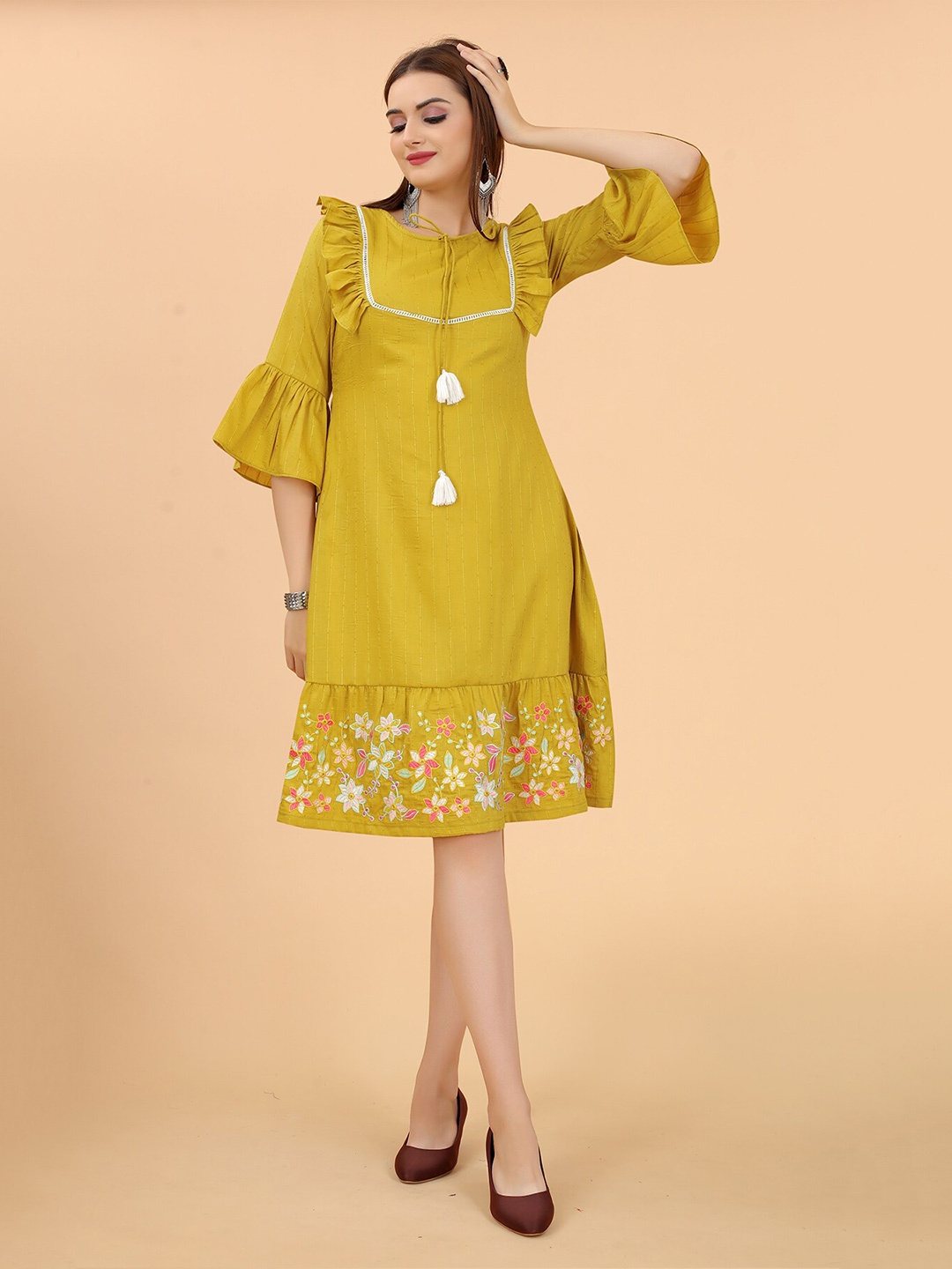 

MARGI DESIGNERS Floral Embroidered A-Line Dress, Mustard