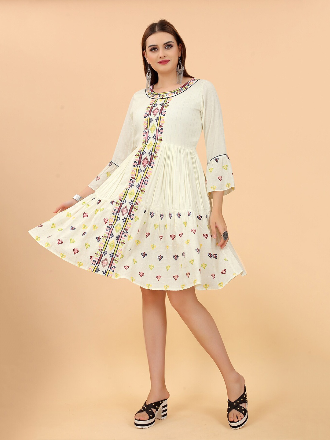 

MARGI DESIGNERS Ethnic Motifs Printed Fit and Flare Dress, Off white