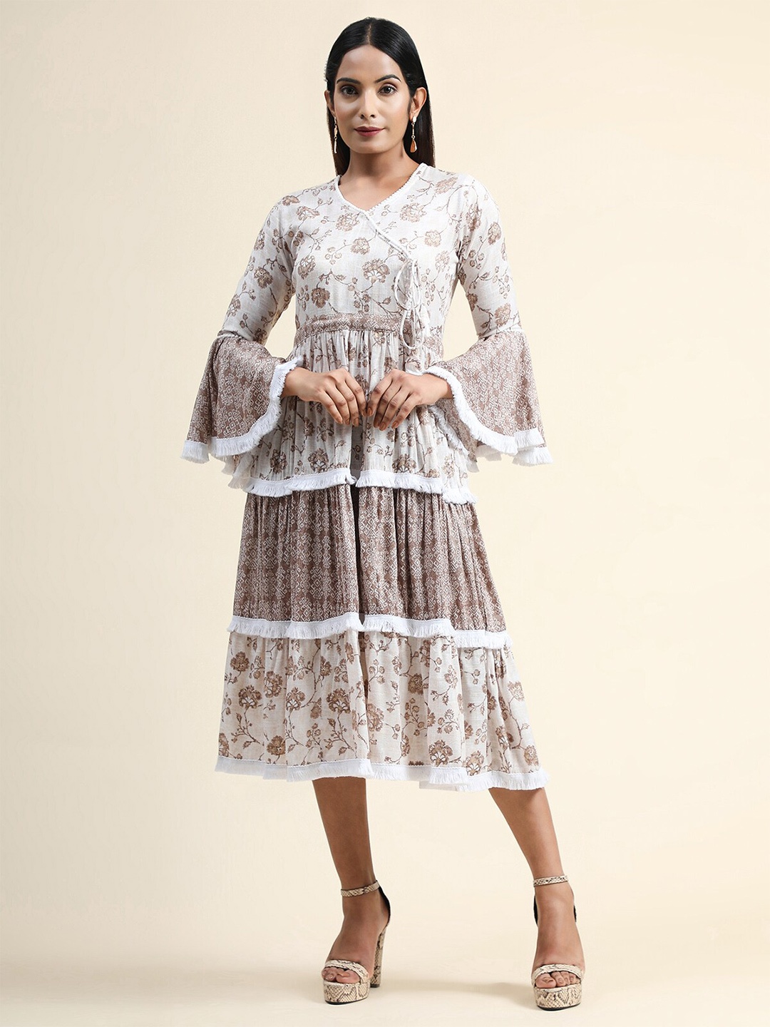 

MARGI DESIGNERS Floral Printed Tiered Midi Dress, White