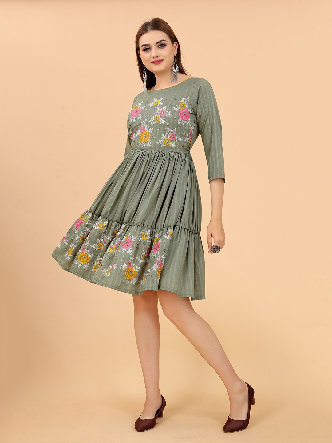 

MARGI DESIGNERS Floral Printed Fit And Flare Dress, Green