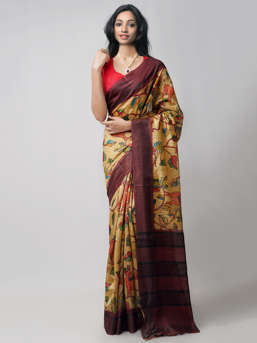 

Unnati Silks Kalamkari Jute Silk Kanjeevaram Saree, Brown