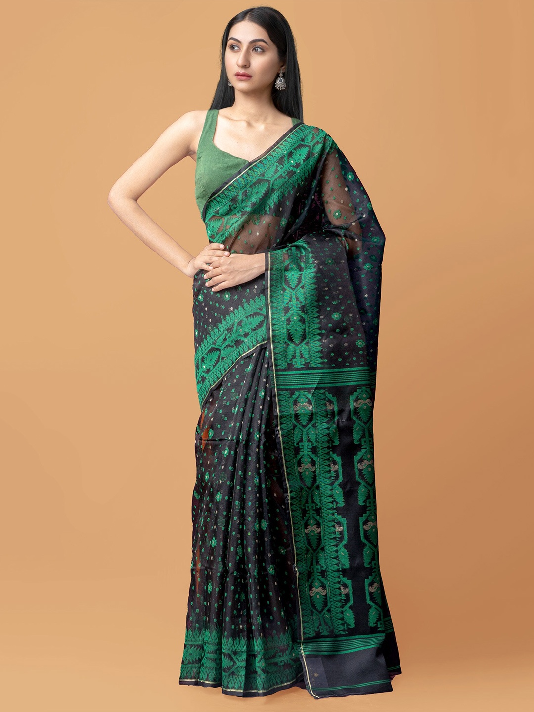 

Unnati Silks Woven Design Pure Silk Jamdani Saree, Black