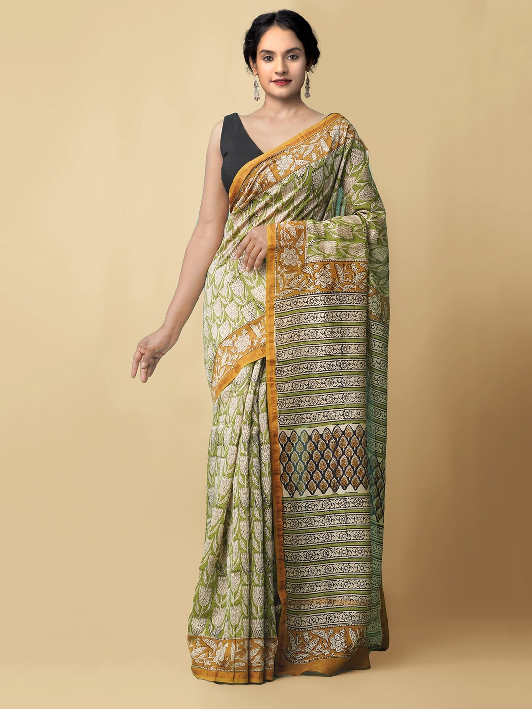 

Unnati Silks Floral Zari Silk Cotton Chanderi Saree, Green