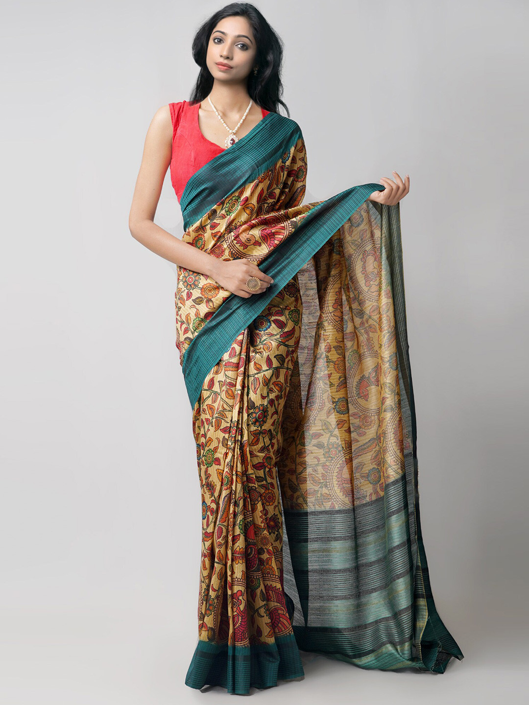

Unnati Silks Kalamkari Jute Silk Kanjeevaram Saree, Brown