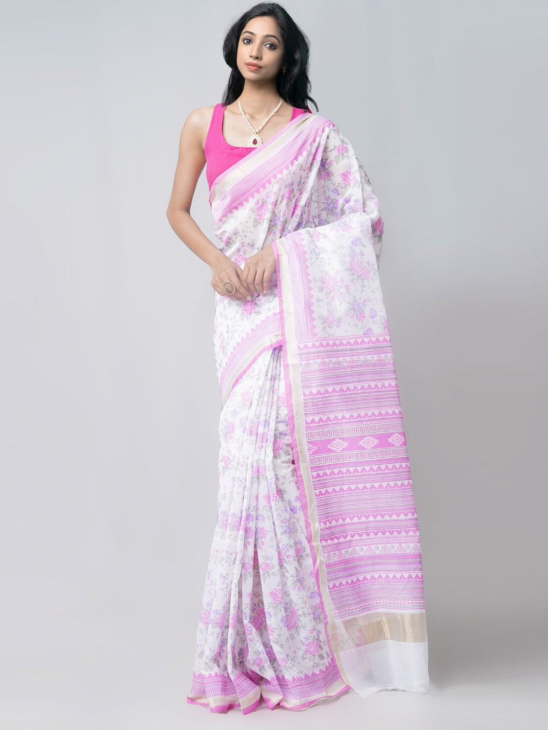 

Unnati Silks Zari Silk Blend Baluchari Saree, Cream