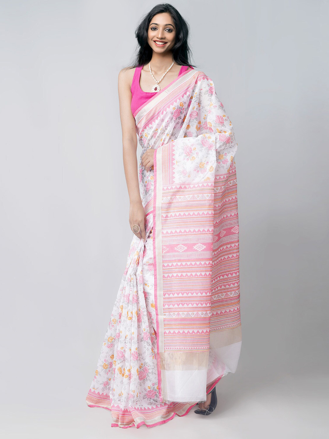 

Unnati Silks Floral Zari Baluchari Saree, Cream