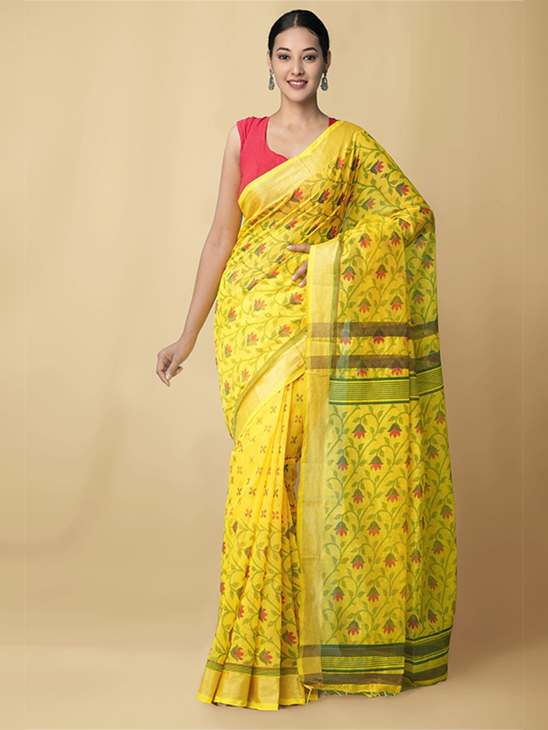 

Unnati Silks Floral Zari Pure Linen Jamdani Saree, Yellow