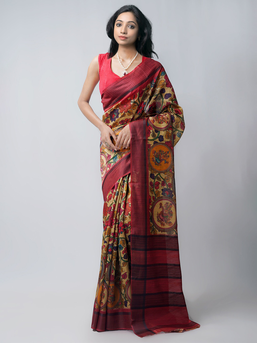 

Unnati Silks Kalamkari Kanjeevaram Saree, Beige