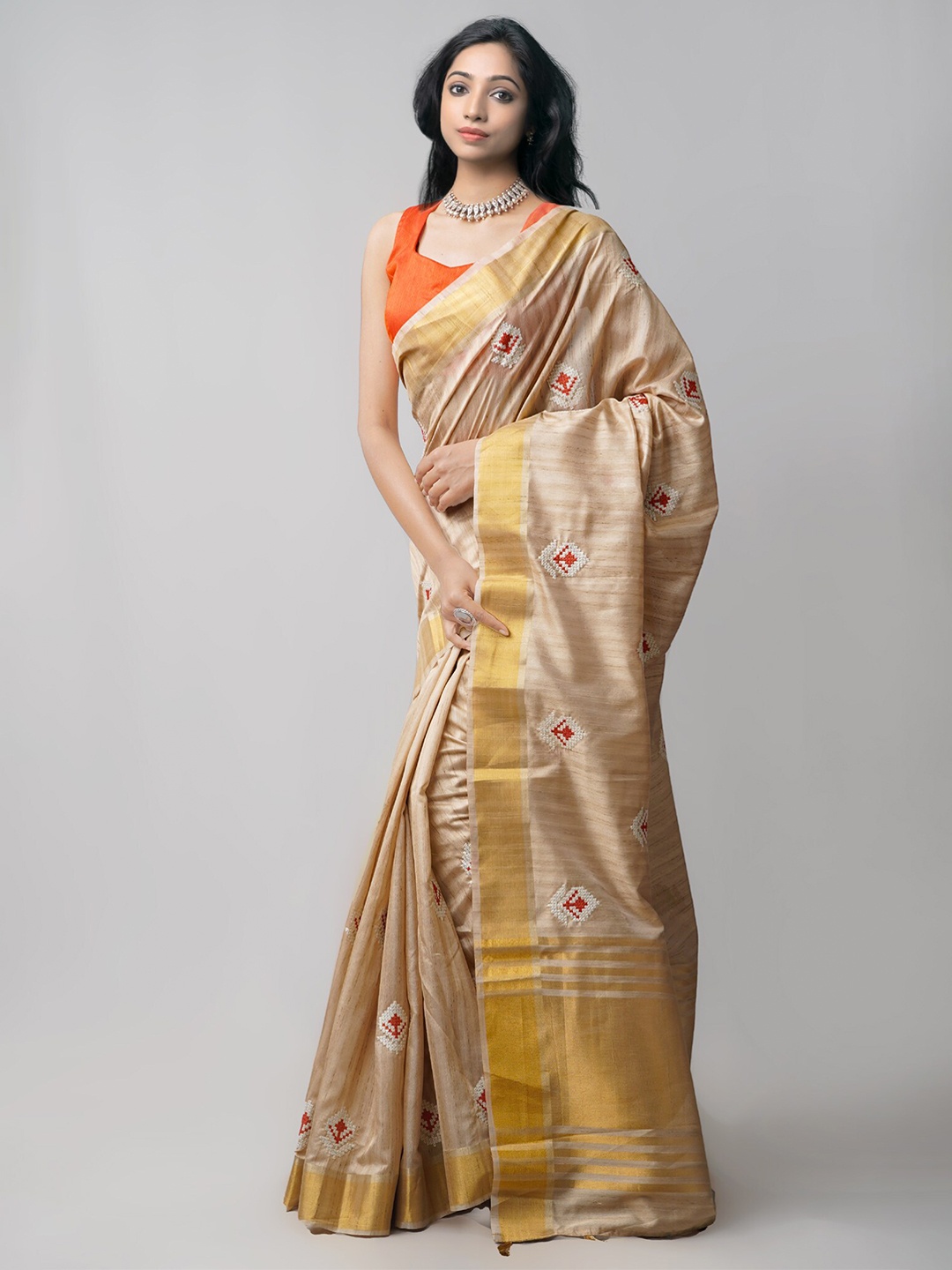 

Unnati Silks Floral Zari Silk Blend Tussar Saree, Brown