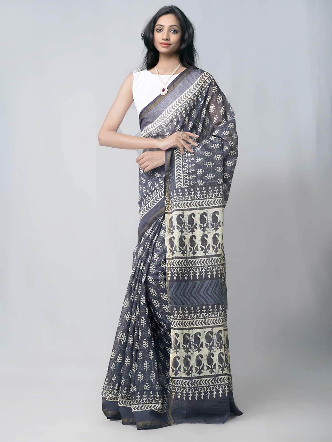 

Unnati Silks Ethnic Motifs Printed Pure Chanderi Sico Saree, Black
