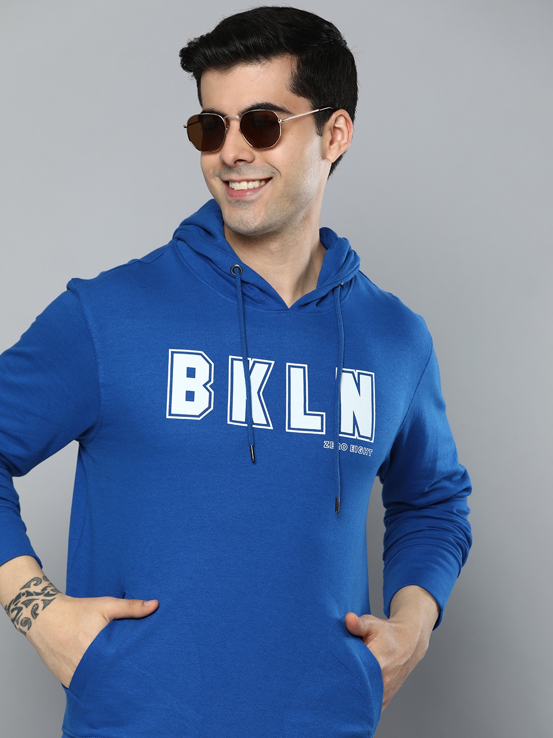 

HERE&NOW Men Printed Hooded Cotton Sweatshirt, Blue