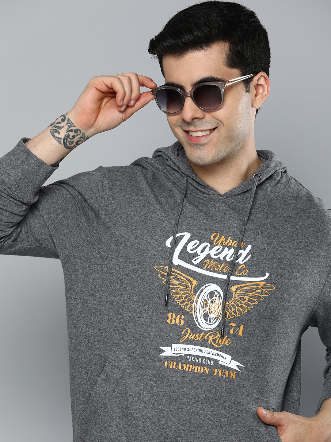 

HERE&NOW Men Printed Hooded Cotton Sweatshirt, Grey