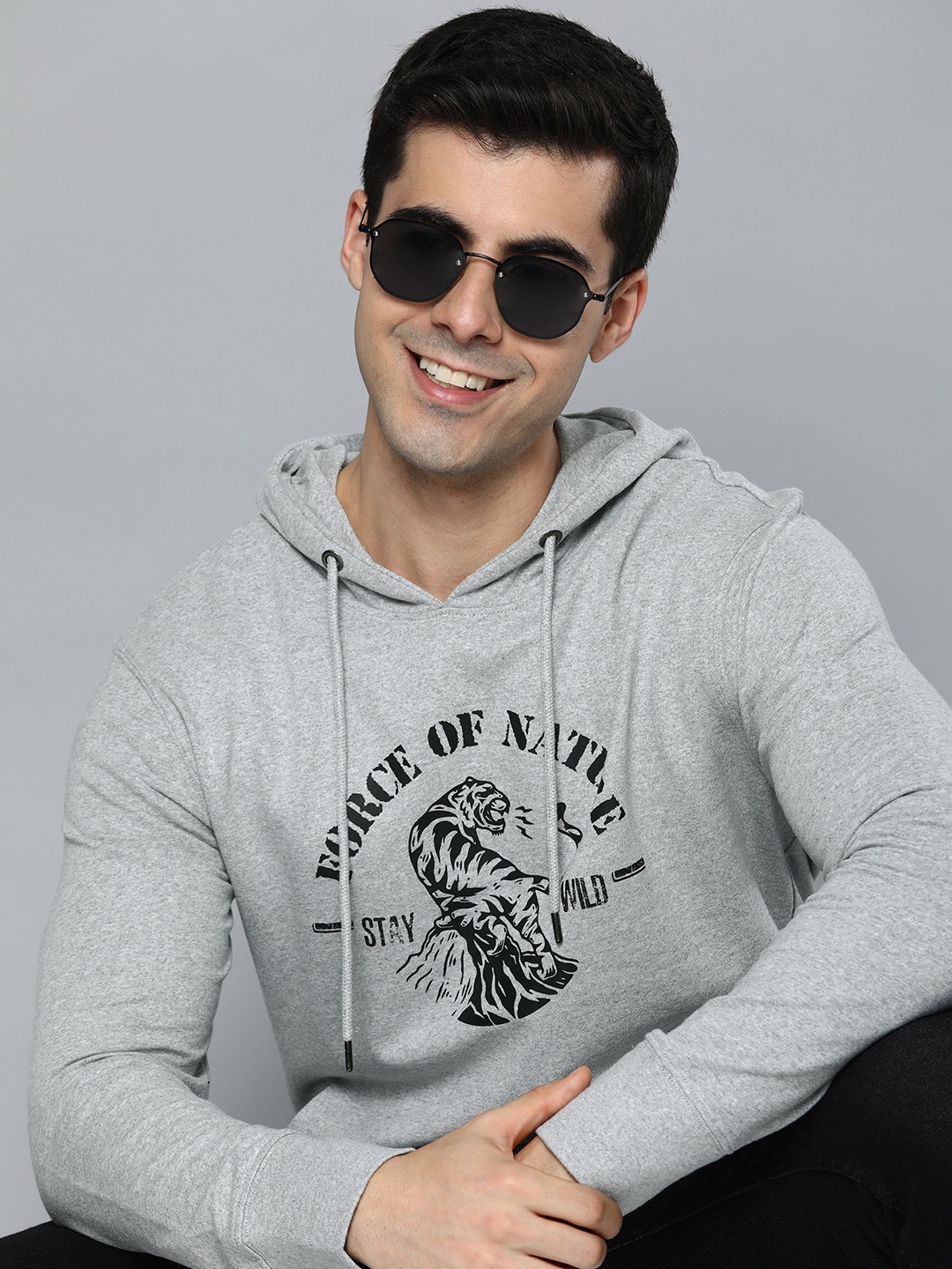 

HERE&NOW Men Printed Hooded Cotton Sweatshirt, Grey