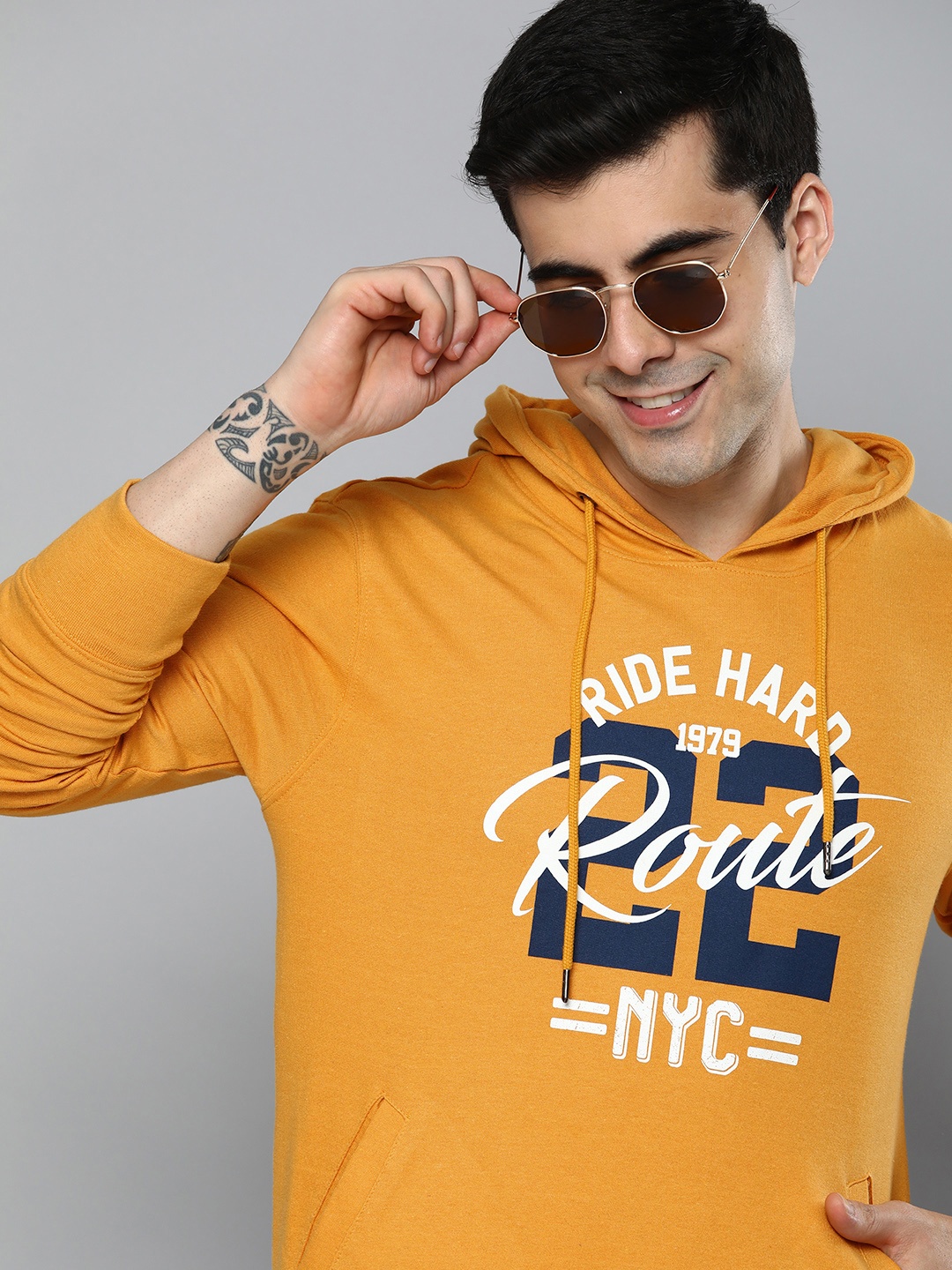 

HERE&NOW Men Printed Hooded Cotton Sweatshirt, Yellow