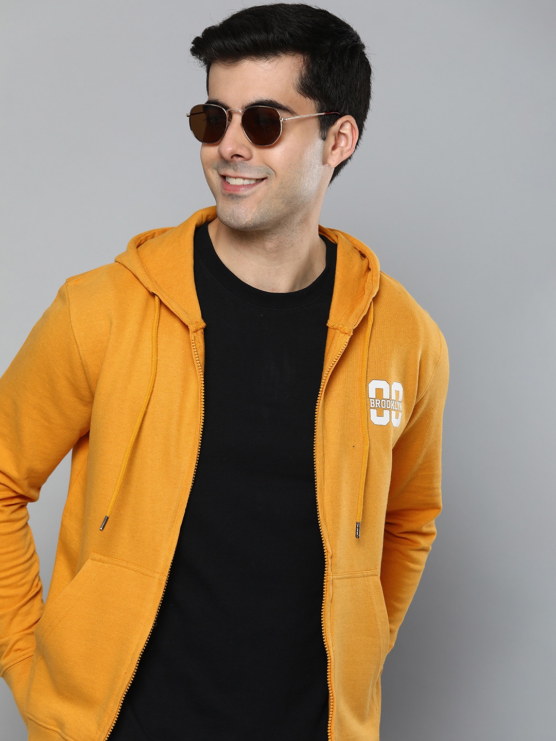 

HERE&NOW Men Printed Hooded Cotton Sweatshirt, Yellow