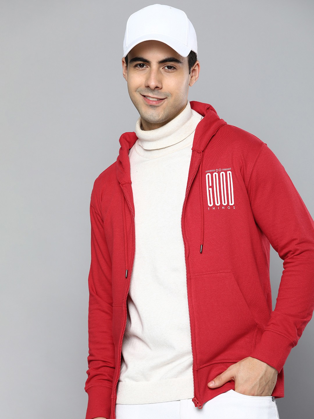 

HERE&NOW Men Printed Hooded Sweatshirt, Red