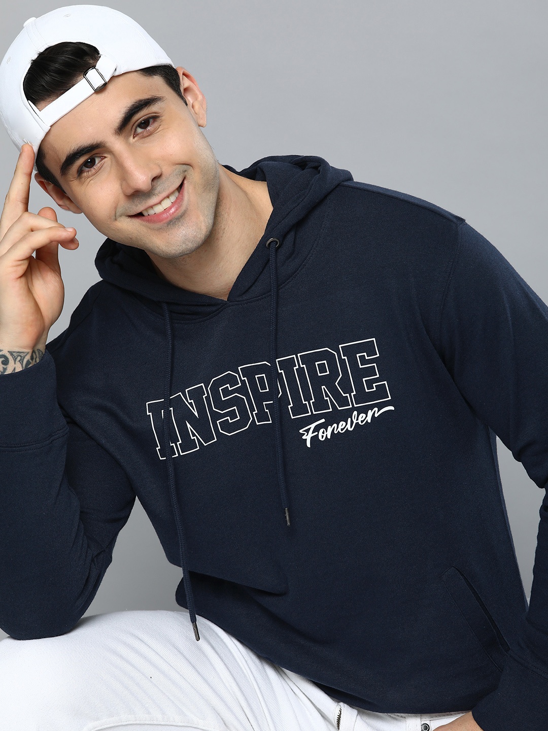 

HERE&NOW Men Printed Hooded Sweatshirt, Navy blue