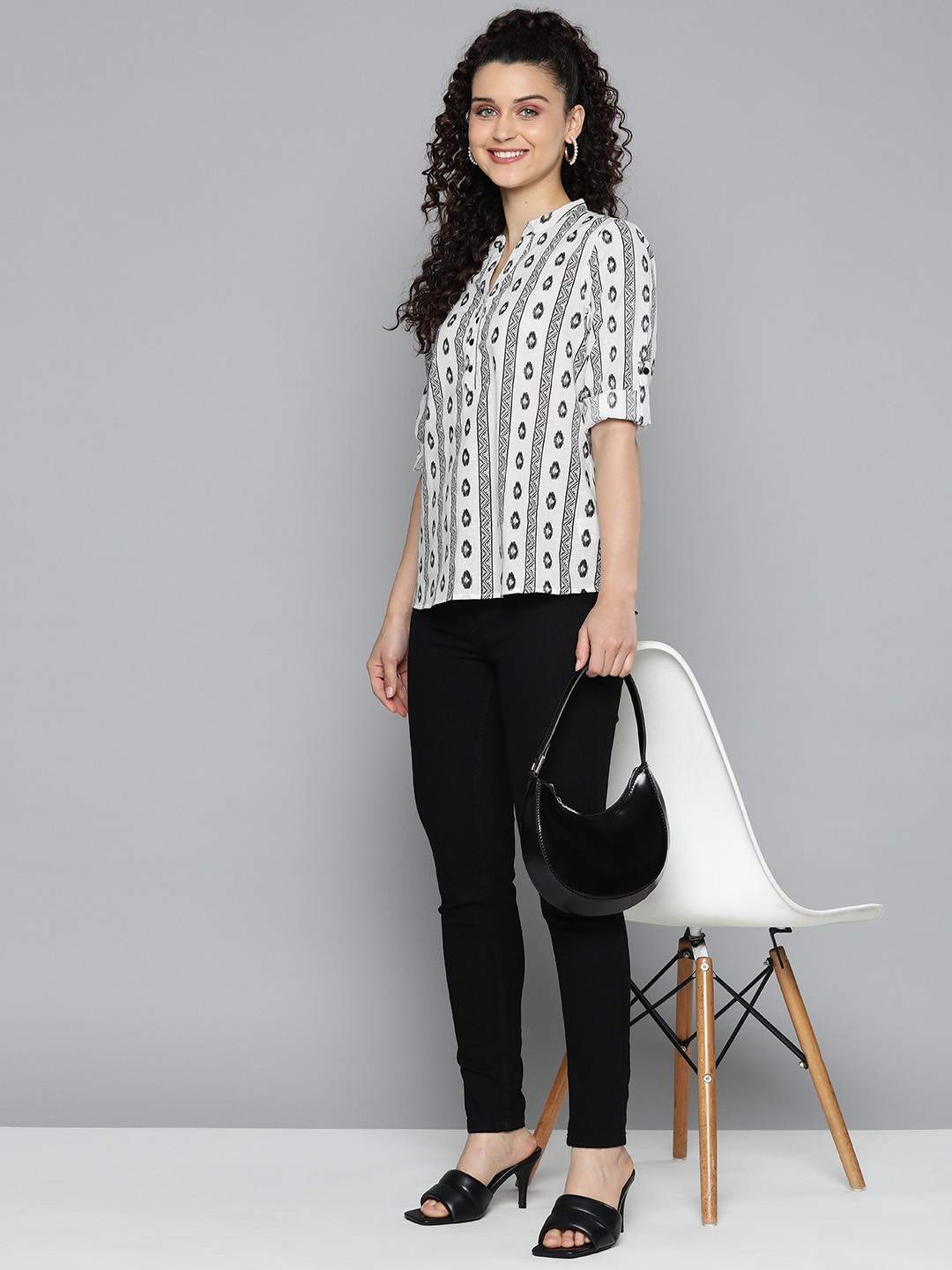 

HERE&NOW Printed Mandarin Collar Roll-Up Sleeves Top, White