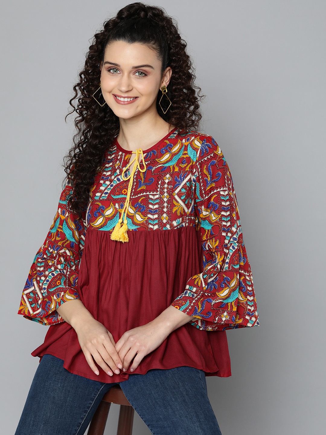 

HERE&NOW Printed Tie-Up Neck Empire Top, Red