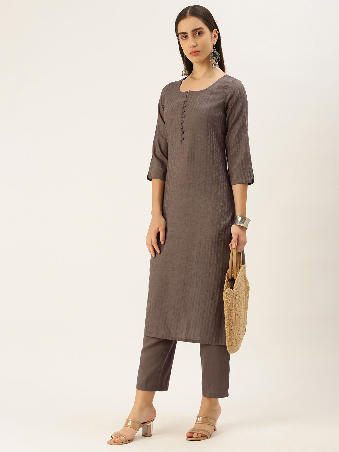 

Saanjh Women Pure Cotton Kurta with Trousers, Brown