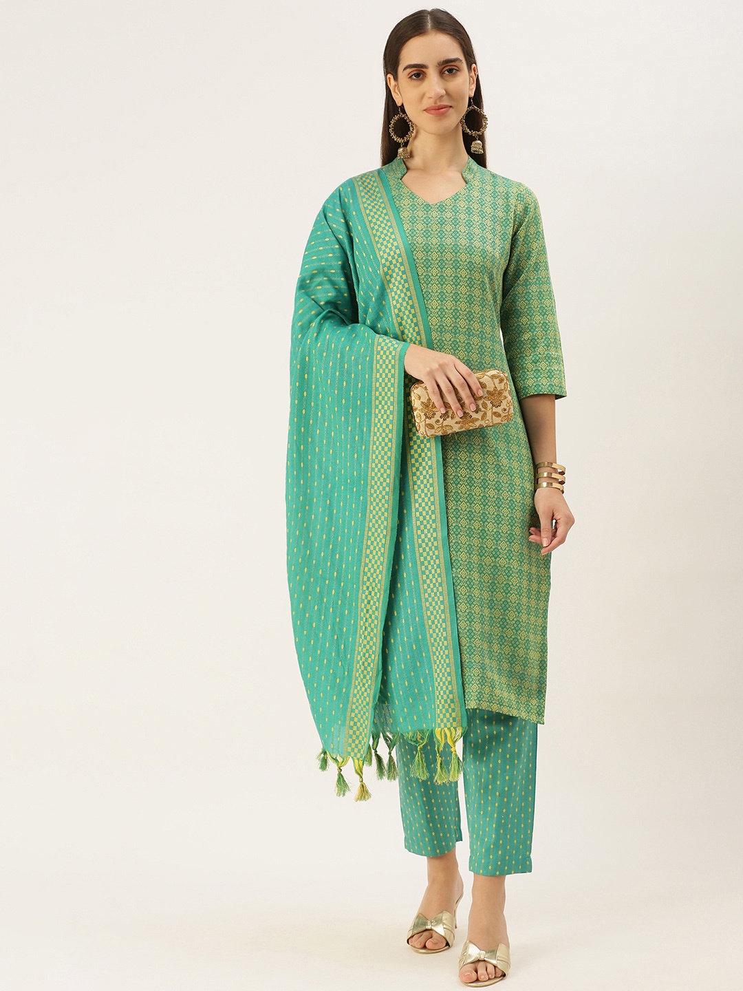 

Saanjh Women Pure Cotton Kurta with Trousers & With Dupatta, Green