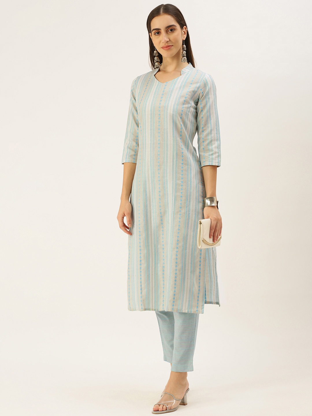 

Saanjh Women Pure Cotton Kurta with Trousers, Turquoise blue