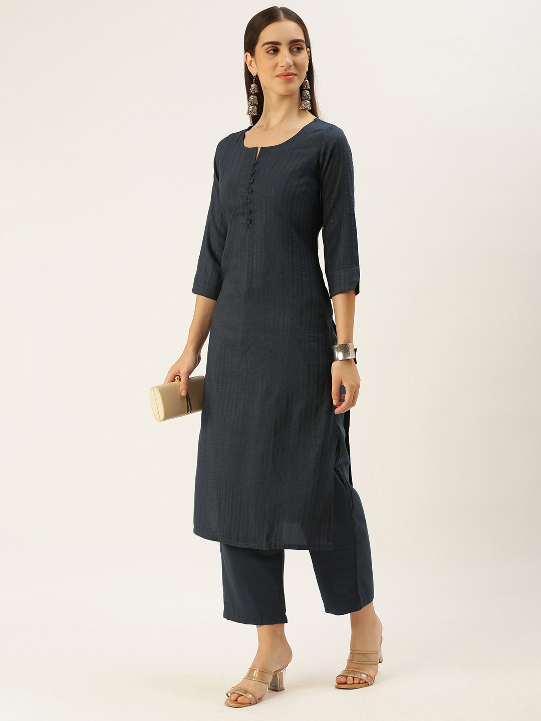 

Saanjh Women Pure Cotton Kurta with Trousers, Charcoal