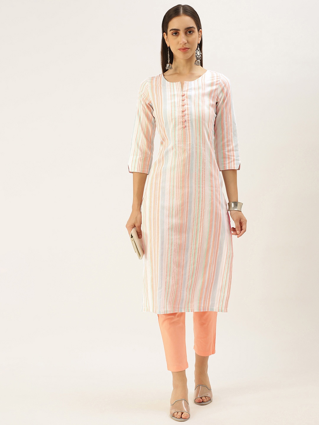 

Saanjh Women Pure Cotton Kurta with Trousers, Peach