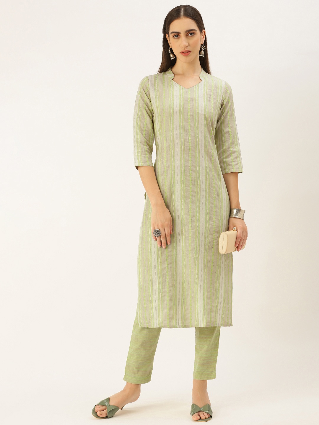 

Saanjh Women Pure Cotton Kurta with Trousers, Green