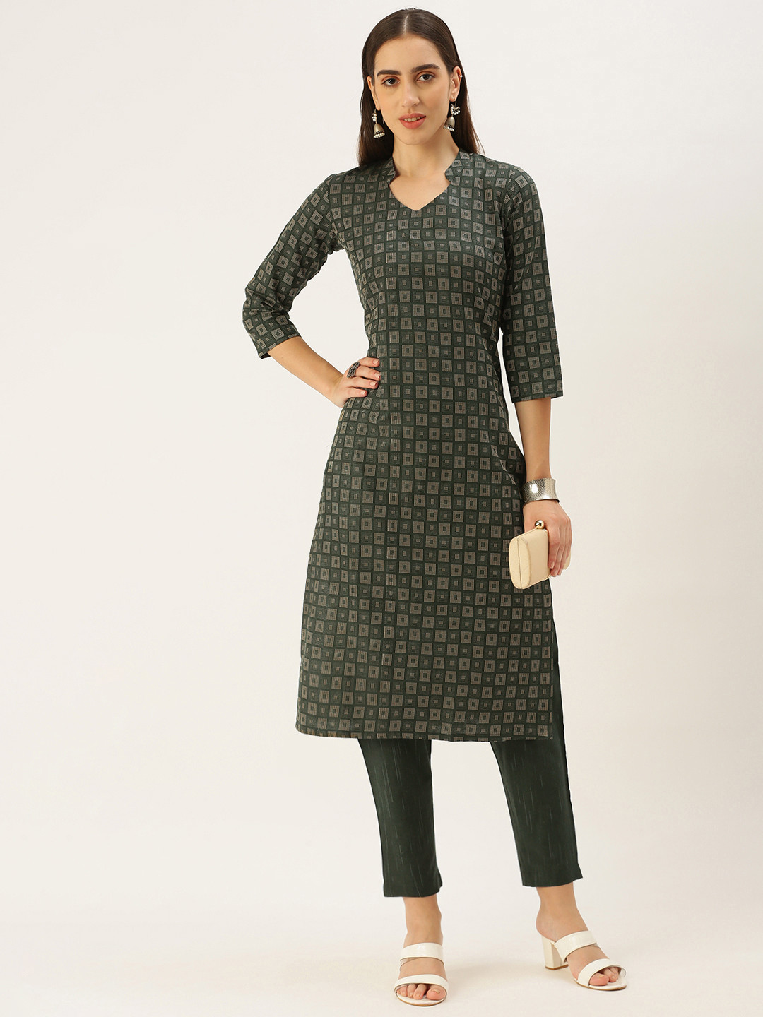 

Saanjh Women Pure Cotton Kurta with Trousers, Green