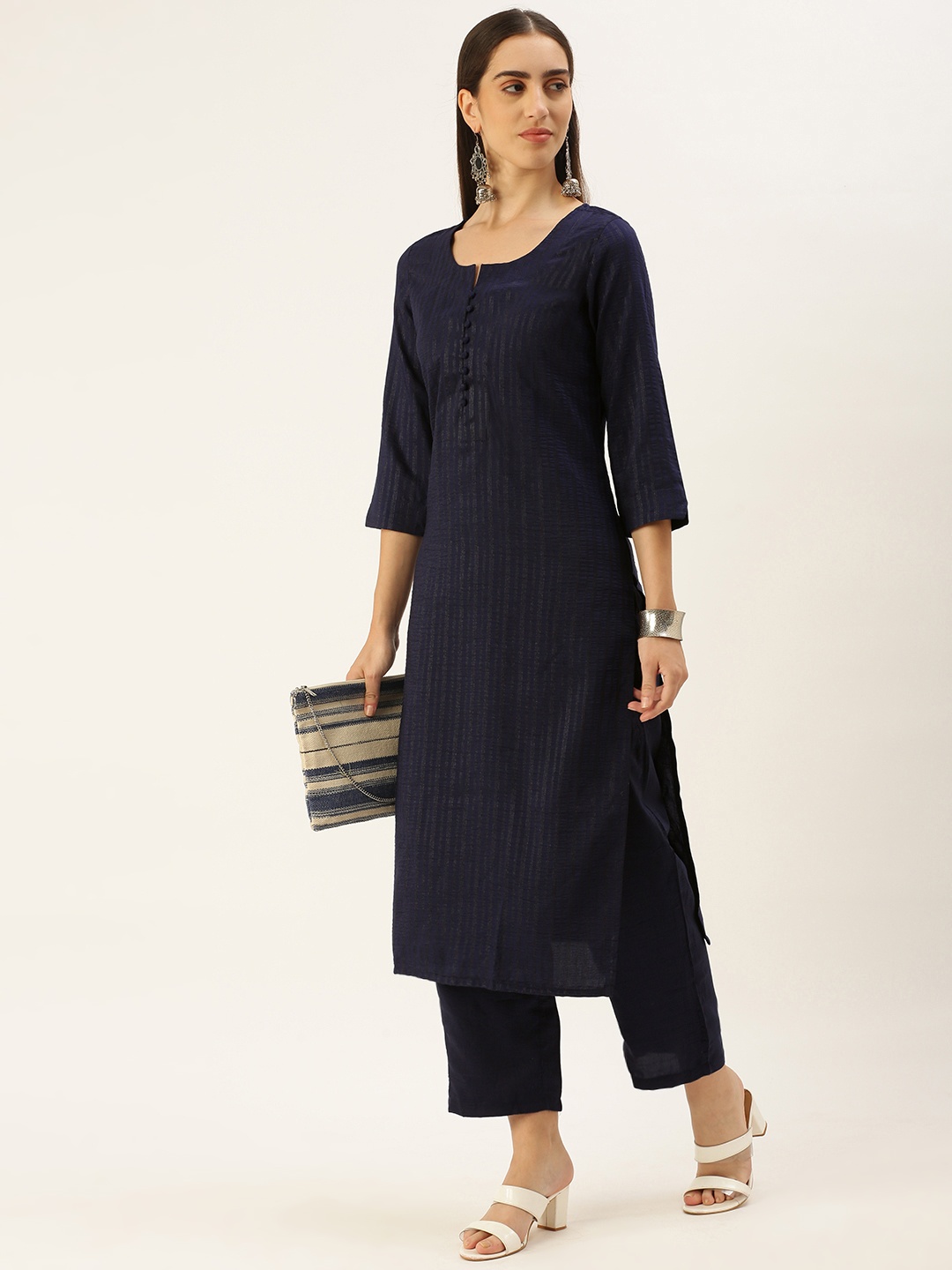 

Saanjh Women Pure Cotton Kurta with Trousers, Navy blue