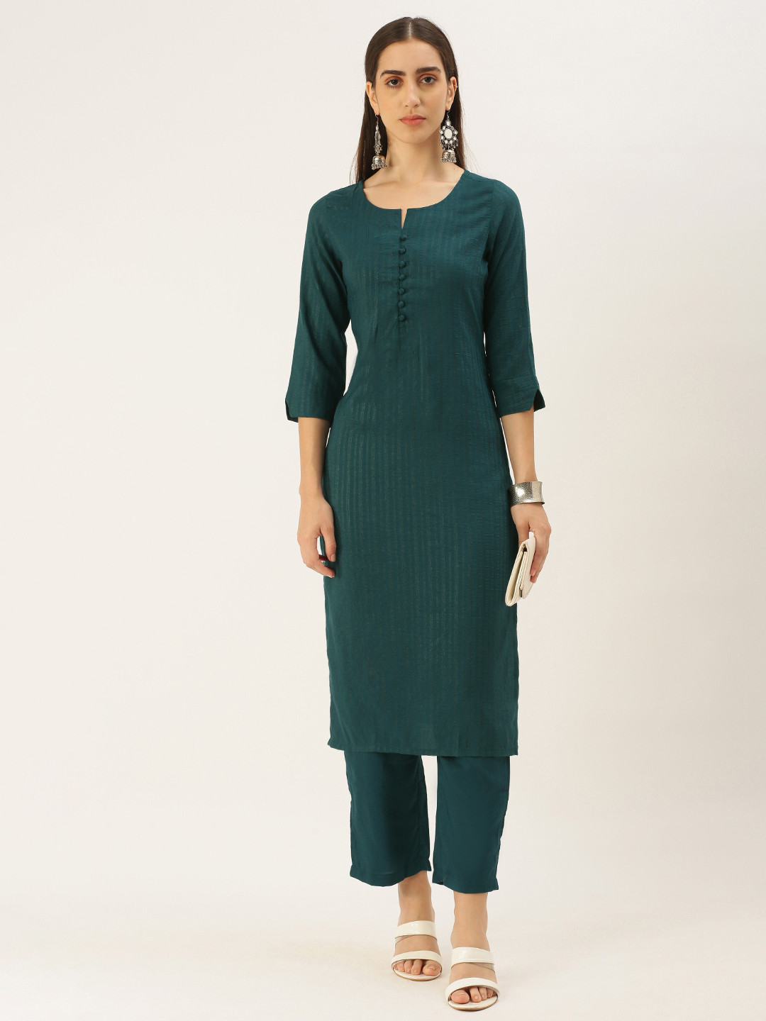 

Saanjh Women Pure Cotton Kurta with Trousers, Teal