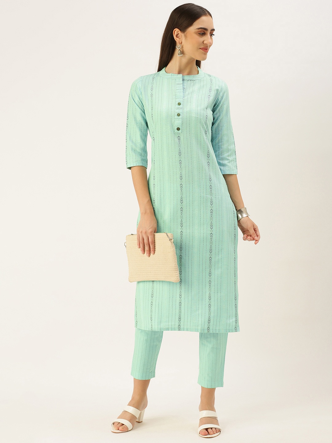 

Saanjh Women Pure Cotton Kurta with Trousers, Green