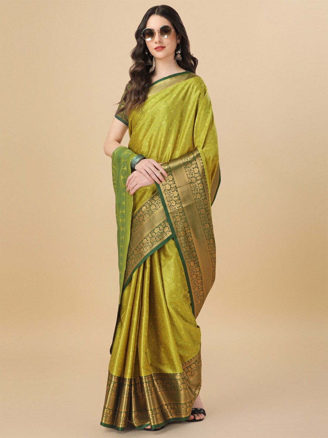 

KALINI Lime Woven Design Zari Pure Cotton Mysore Silk Saree, Lime green
