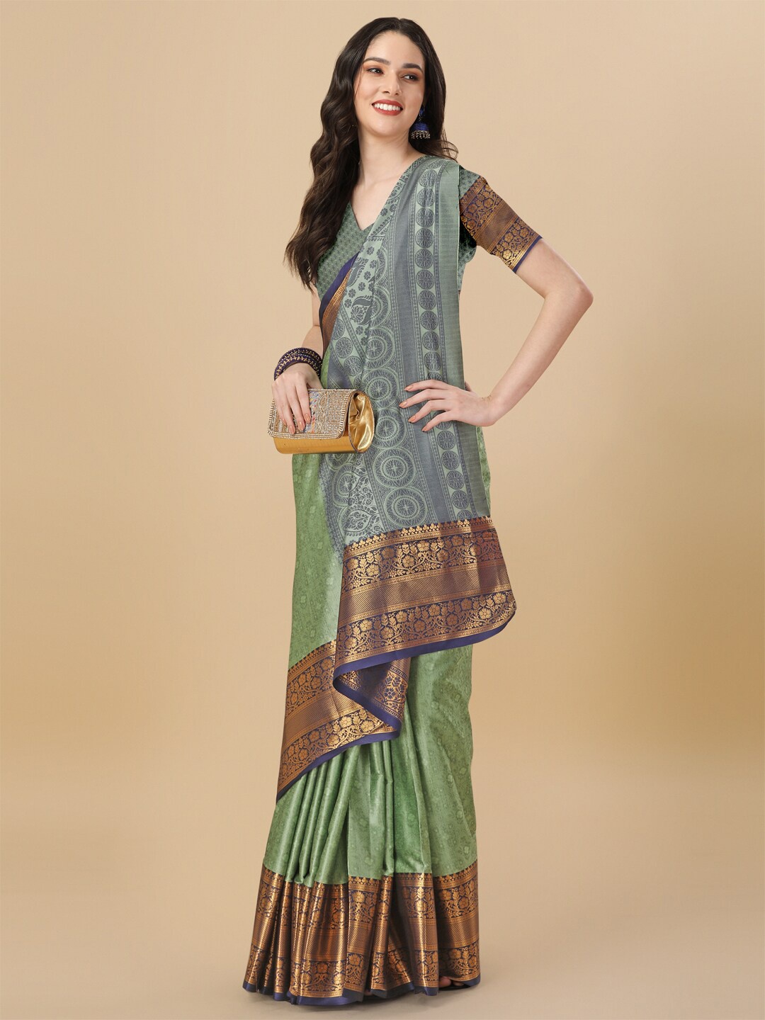 

KALINI Woven Design Zari Pure Cotton Mysore Silk Saree, Fluorescent green