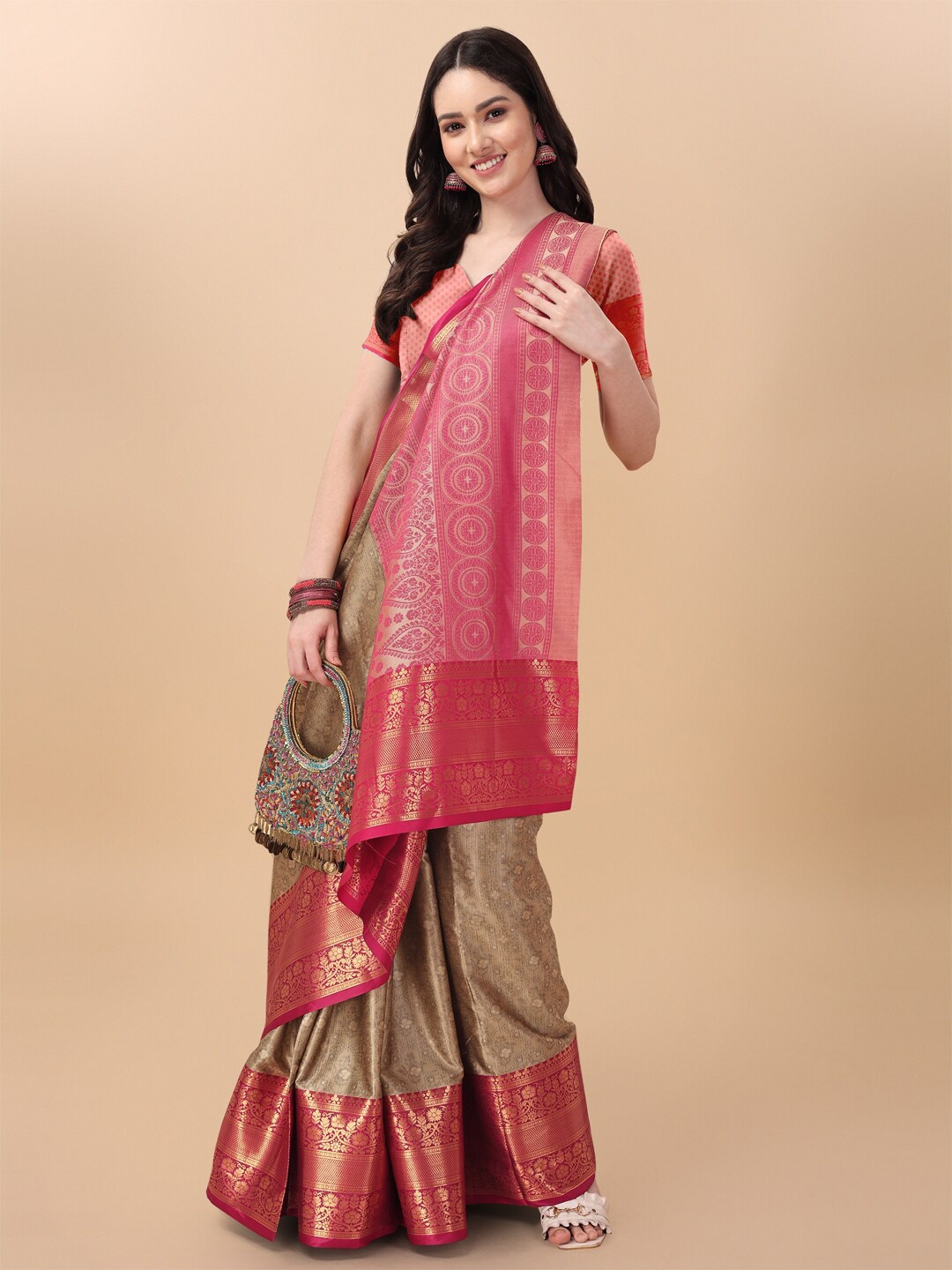 

KALINI Woven Design Zari Pure Cotton Mysore Silk Saree, Beige