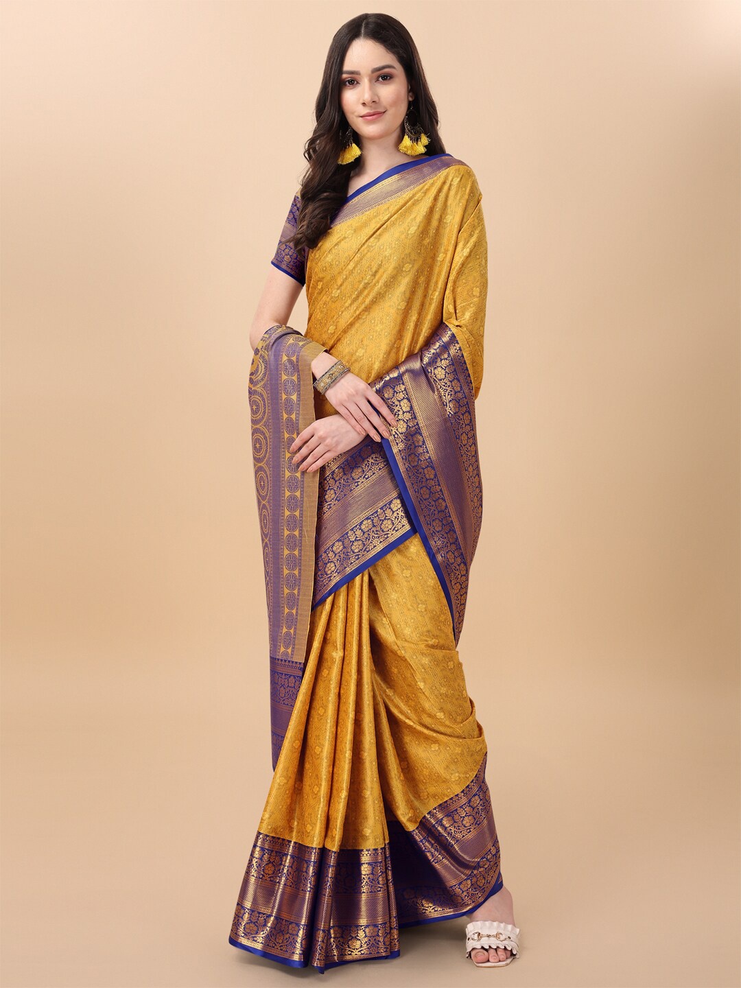 

KALINI Woven Design Zari Pure Cotton Heavy Work Mysore Silk Saree, Yellow