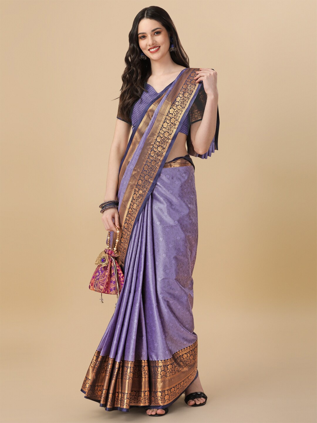 

KALINI Woven Design Zari Bordered Pure Cotton Mysore Silk Saree, Violet