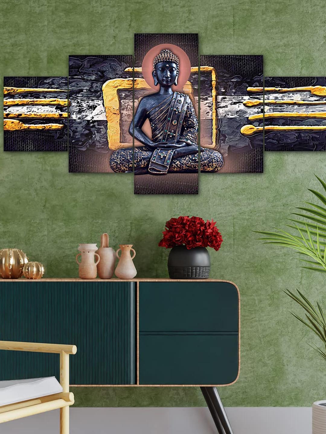 Perpetual Blue and Yellow 5-Pieces Buddha 3D Painting Wall Art with Frame
