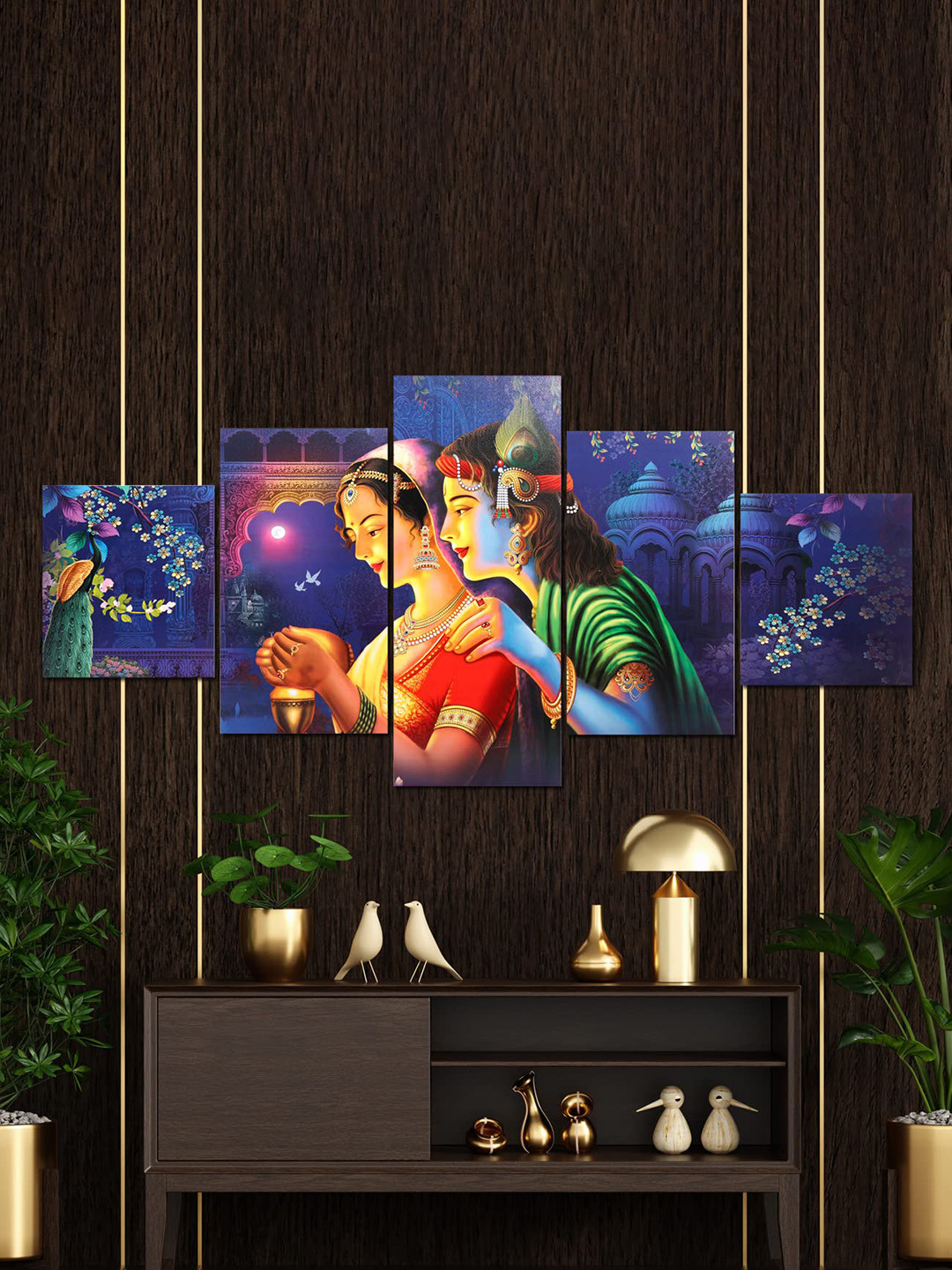 

Perpetual Blue and Gold Toned 5-Pieces Radha Krishna 3D Painting Wall Art with Frame